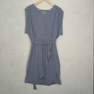 White House Black Market Wrap Dress Womens Small Blue V-Neck Asymmetrical Hem